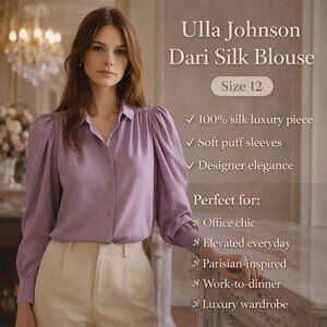 Ulla Johnson Dari 100% Silk Blouse Lavender Button Front Puff Sleeve Luxury